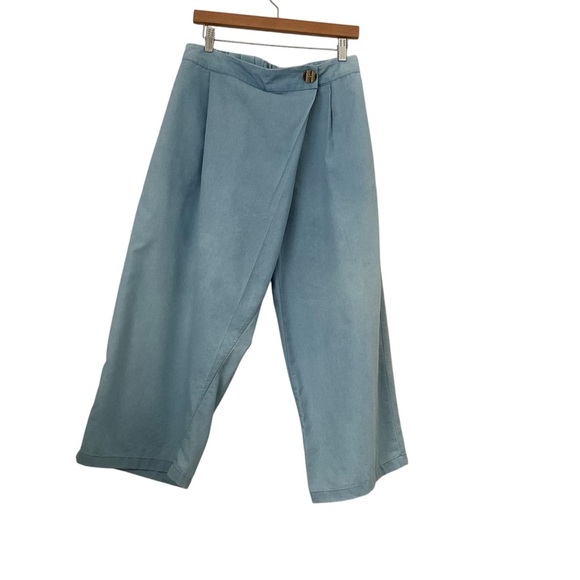 Biography Pants Sz L Blue Side Drape Slip Pockets Capris Boho Lagenlook Comfort - Picture 1 of 12